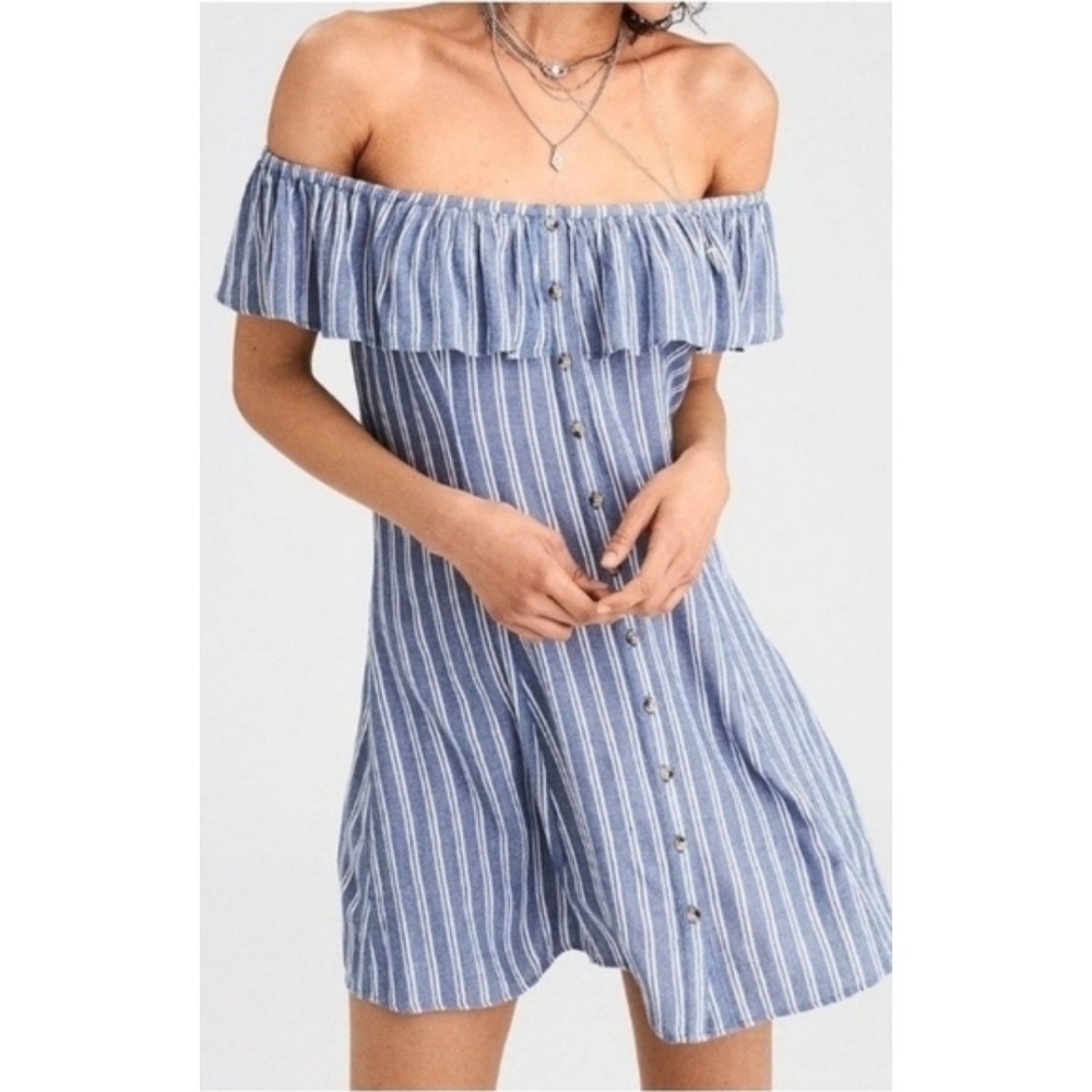 American Eagle Coastal Euro Summer Mini Dress Nautical Stripes Ruffle Size M